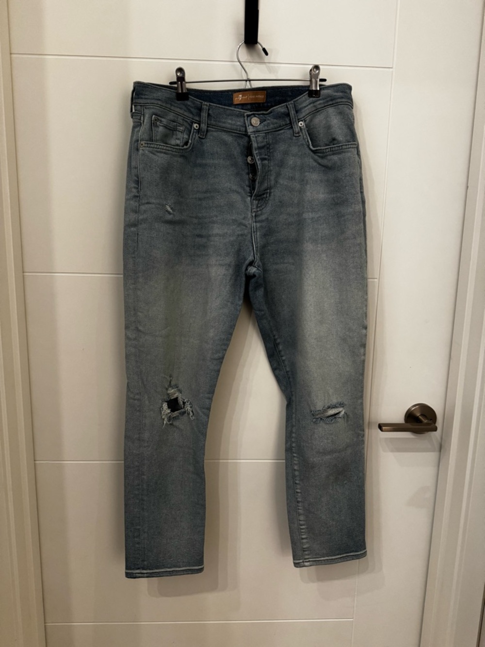 7 For All Mankind Slim Straight Faded Blue Distressed Jeans